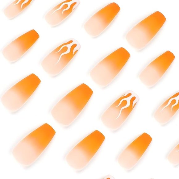 Coffin Press on Nails Orange Flame Design Matte - Picture 3 of 5